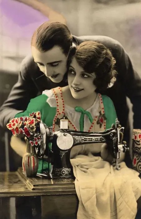Framed Print : Historic photo, couple with sewing machine
