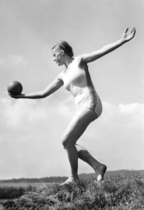 Framed Print : Historic photo, woman doing gymnastics with ball Framed Print : Historic photo, woman doing gymnastics with ball