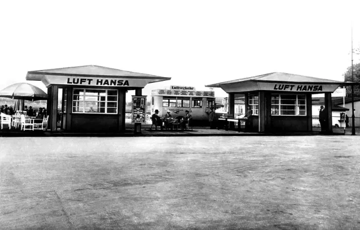 Framed Print : Historic photograph, airport with Lufthansa advertisment