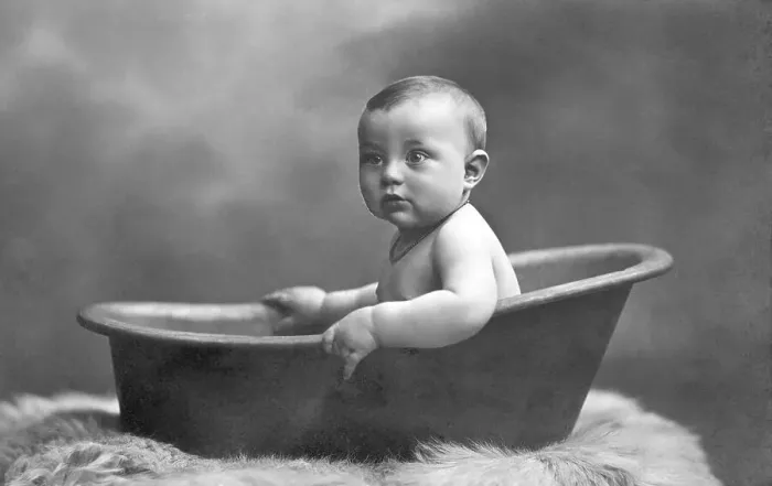 Framed Print : Historic photograph, baby in the bathtub Framed Print : Historic photograph, baby in the bathtub