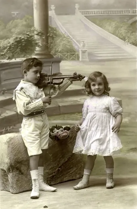 Framed Print : Historic photograph, boy playing violin for his friend Framed Print : Historic photograph, boy playing violin for his friend