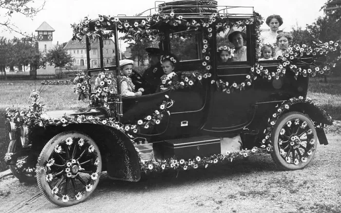 Framed Print : Historic photograph, car decorated with flowers