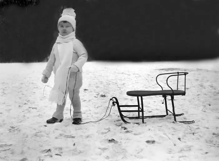 Framed Print : Historic photograph, child with sled, around 1918 Framed Print : Historic photograph, child with sled, around 1918