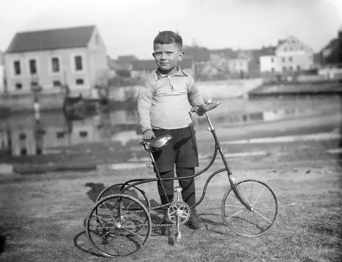 Framed Print : Historic photograph, child with a tricycle Framed Print : Historic photograph, child with a tricycle