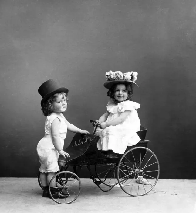 Framed Print : Historic photograph, two children with a toy car Framed Print : Historic photograph, two children with a toy car