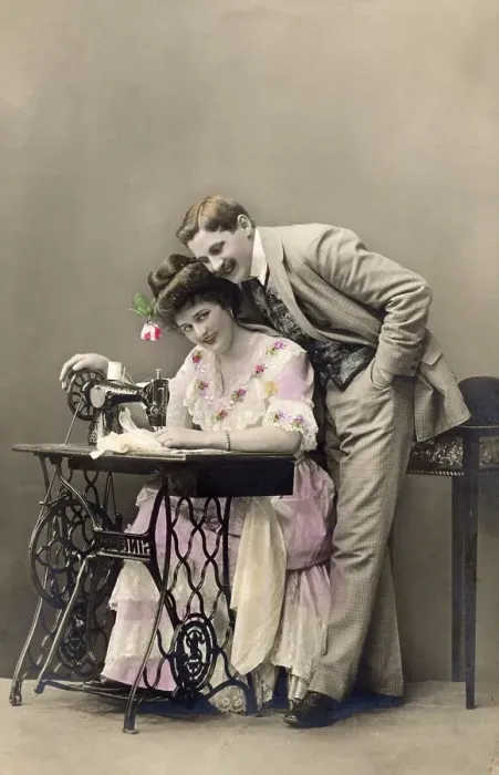 Framed Print : Historic photograph, couple with a sewing machine Framed Print : Historic photograph, couple with a sewing machine