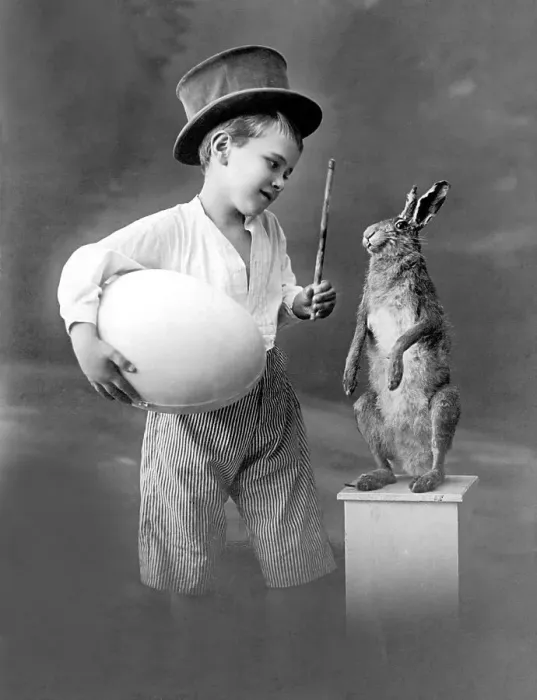Framed Print : Historic photograph, Easter, boy with a huge egg and a hare