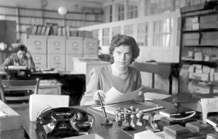 Framed Print : Historic photograph, female office employee at work