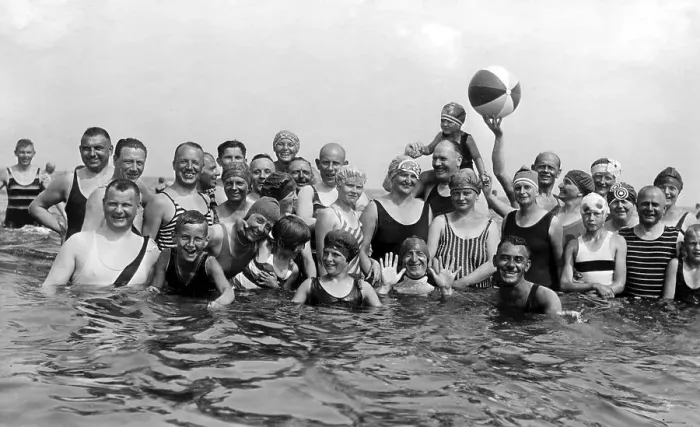 Framed Print : Historic photograph, group of swimmers with a beachball