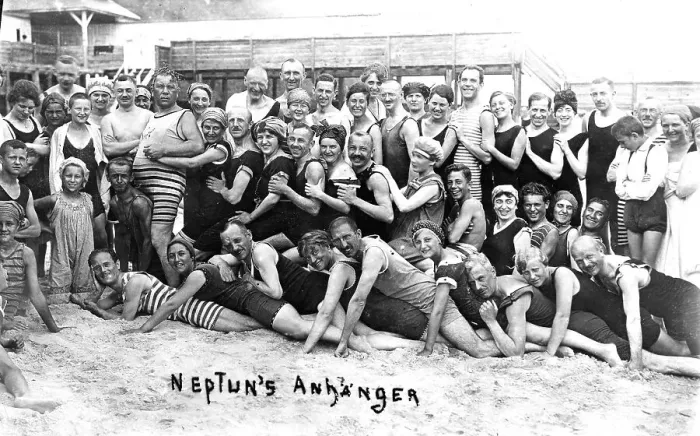 Framed Print : Historic photograph, happy group of swimmers