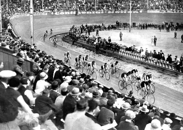 Framed Print : Historic photograph, indoor bicycle race