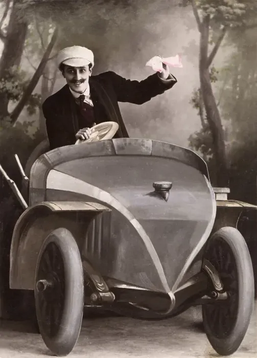 Framed Print : Historic photograph, man driving a cardboard car