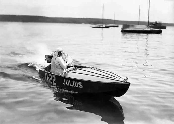 Framed Print : Historic photograph, man in a motorboat