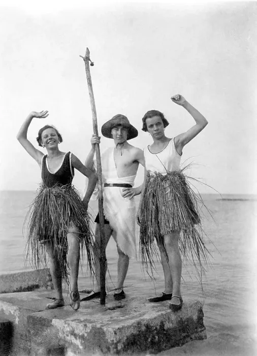 Framed Print : Historic photograph, one man, two women wearing bast skirts Framed Print : Historic photograph, one man, two women wearing bast skirts