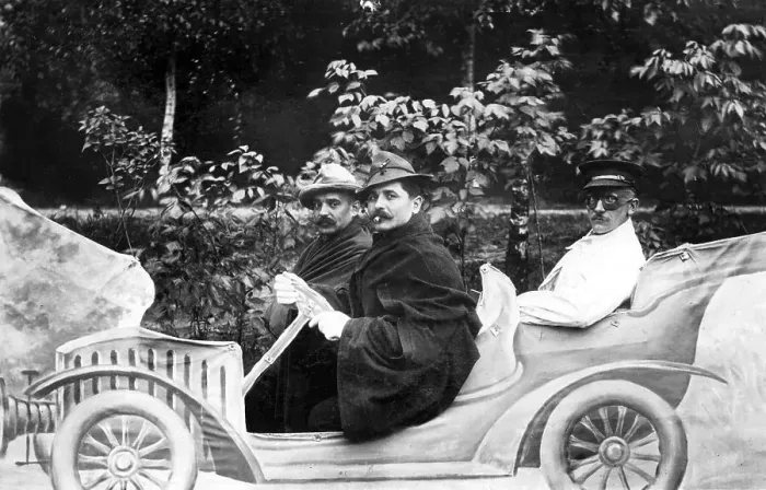 Framed Print : Historic photograph, three men in a cardboard car