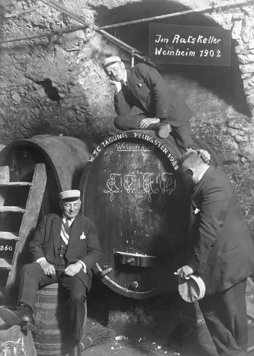 Framed Print : Historic photograph, men in a wine cellar in Weinheim