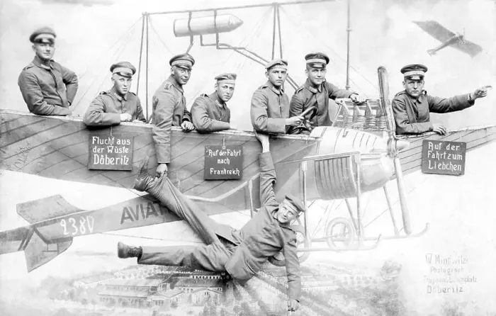 Framed Print : Historic photograph, soldiers in a cardboard aeroplane