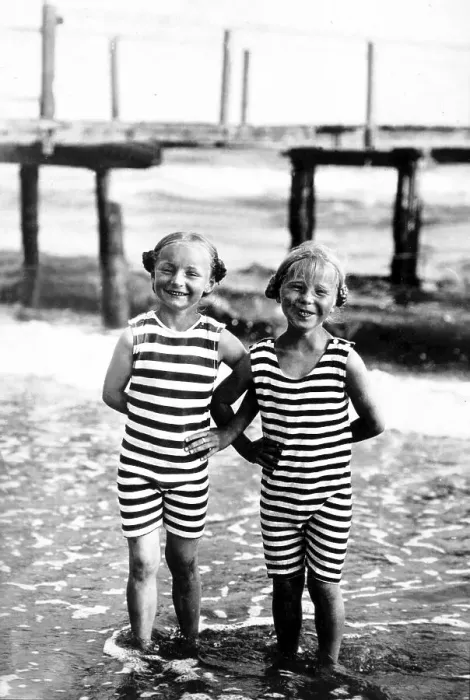 Framed Print : Historic photograph, twins, striped bathing suits