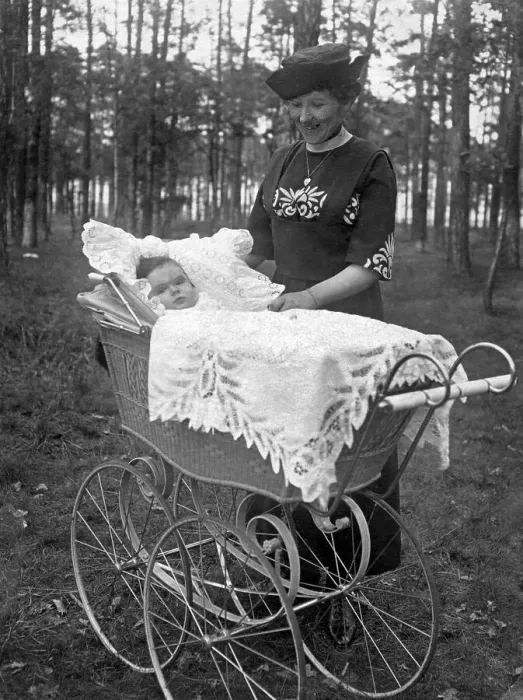 Framed Print : Historic photograph, woman with baby in a pram