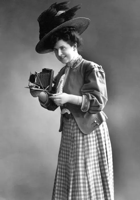 Framed Print : Historic photograph, woman with a camera