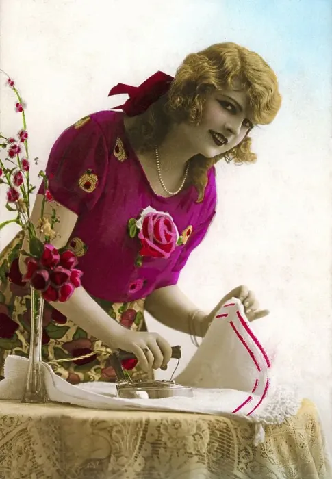 Framed Print : Historic photograph, woman ironing, ca. 1915