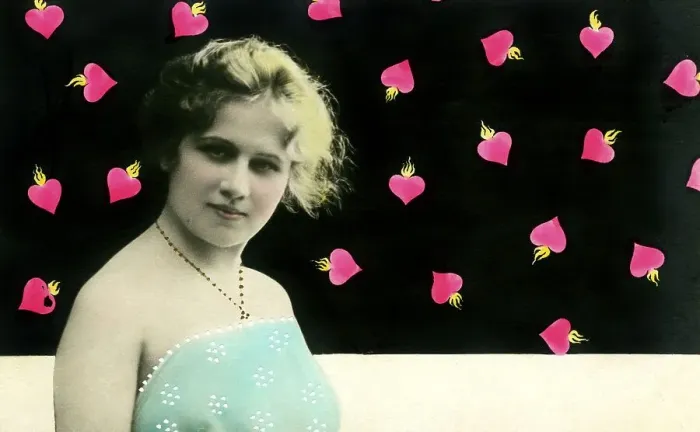 Framed Print : Historic photograph, woman, red hearts
