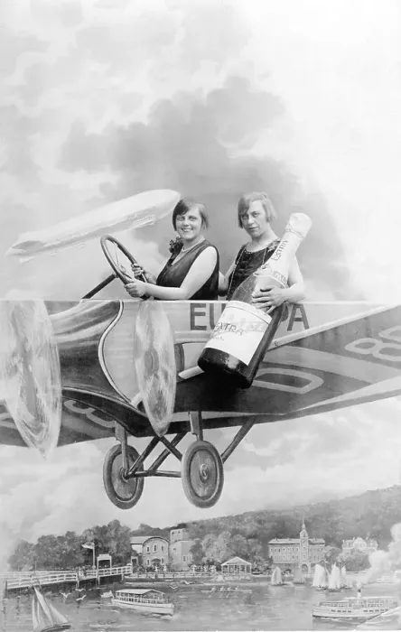 Framed Print : Historic photograph, two women in a cardboard aeroplane