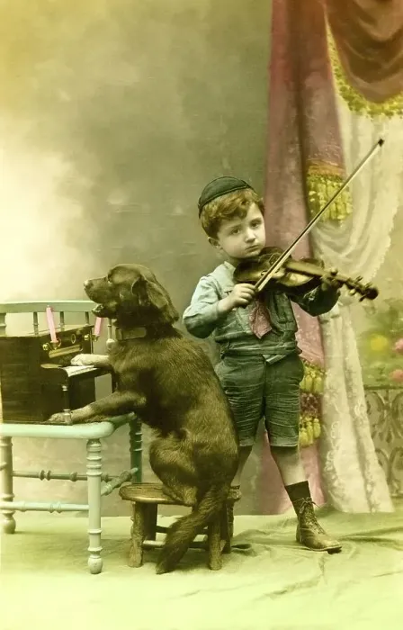 Framed Print : Historic picture, boy with dog playing music Framed Print : Historic picture, boy with dog playing music