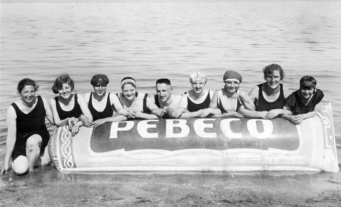 Framed Print : Historic picture, swimming group advertising for Pebeco sun creme