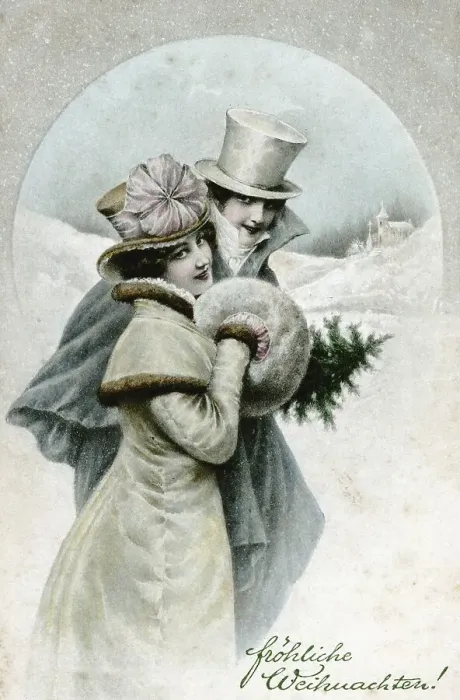 Framed Print : Historic postcard about 1900 Germany christmas postcard couple with small christmas tree hemlock tree