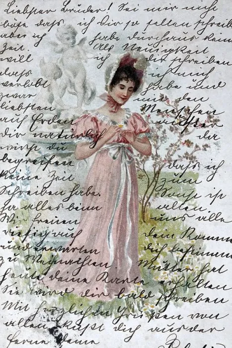 Framed Print : Historic postcard with a Biedermeier woman