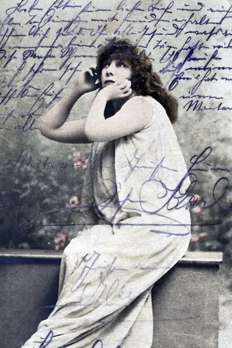 Framed Print : Historic postcard with a pensive woman