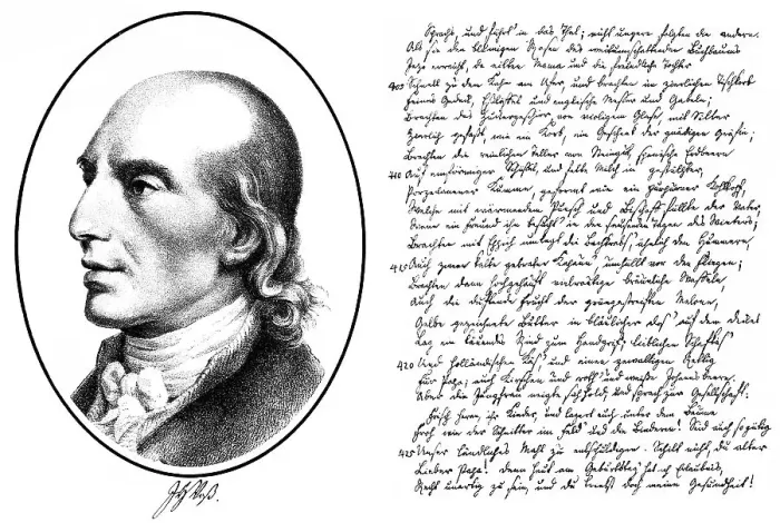 Framed Print : Historic print, portrait and manuscript of Johann Heinrich Voss