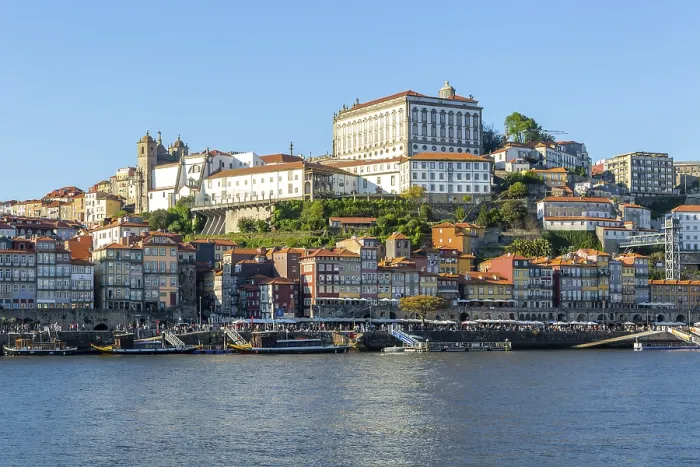 Framed Print : Historic riverside buildings on hillside of Ribeira next to River Douro Framed Print : Historic riverside buildings on hillside of Ribeira next to River Douro