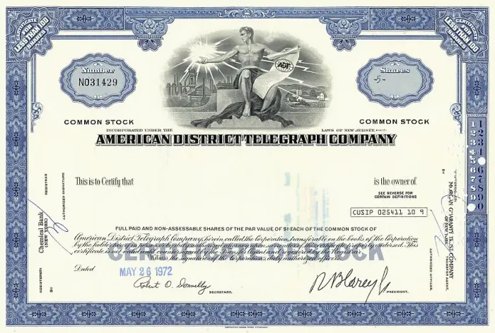 Framed Print : Historic share certificate, American District Telegraph Company