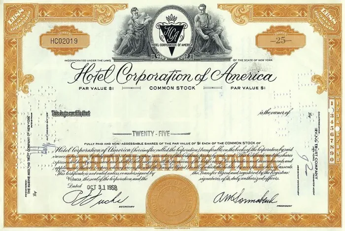 Framed Print : Historic share certificate, Hotel Corporation of America Framed Print : Historic share certificate, Hotel Corporation of America