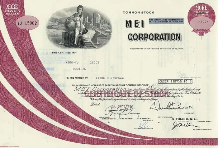 Framed Print : Historic share certificate, MEI Corporation
