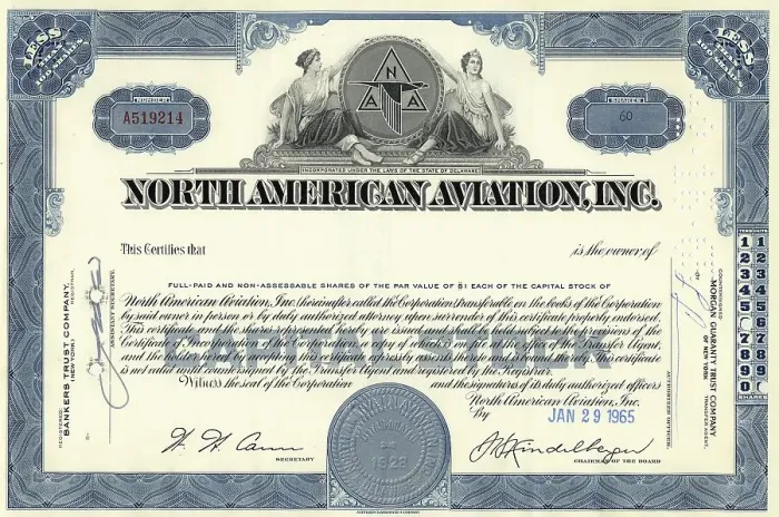 Framed Print : Historic share certificate, North American Aviation Inc