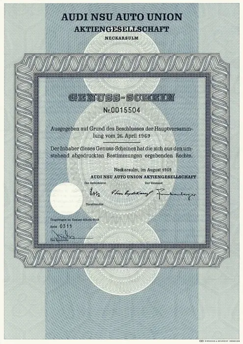 Framed Print : Historic share certificate, participation certificate of Audi NSU Auto Union Aktiengesellschaft