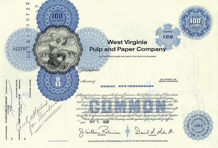 Framed Print : Historic share certificate, West Virginia Pulp and Paper Company