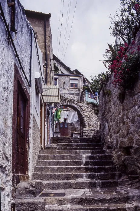 Framed Print : Historic staircase with stone arch in Porto's old town