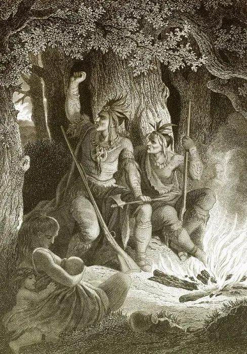 Framed Print : Historic steel engraving, North American Indians sitting around a campfire