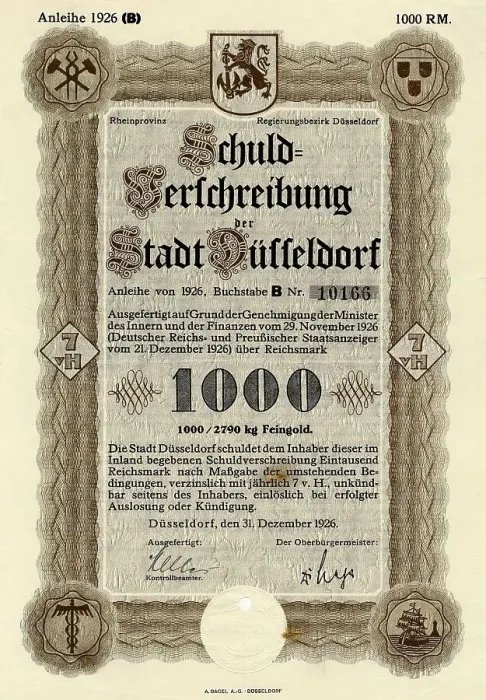 Framed Print : Historic stock certificate, debenture bond of the city of Duesseldorf Framed Print : Historic stock certificate, debenture bond of the city of Duesseldorf