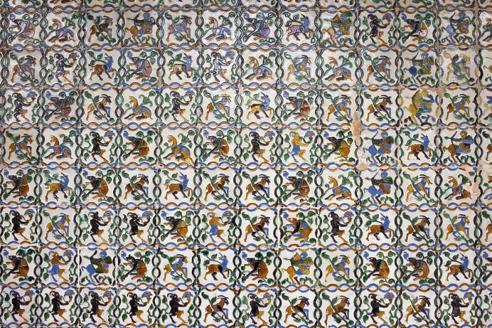 Framed Print : Historic tiled wall with satyrs Framed Print : Historic tiled wall with satyrs