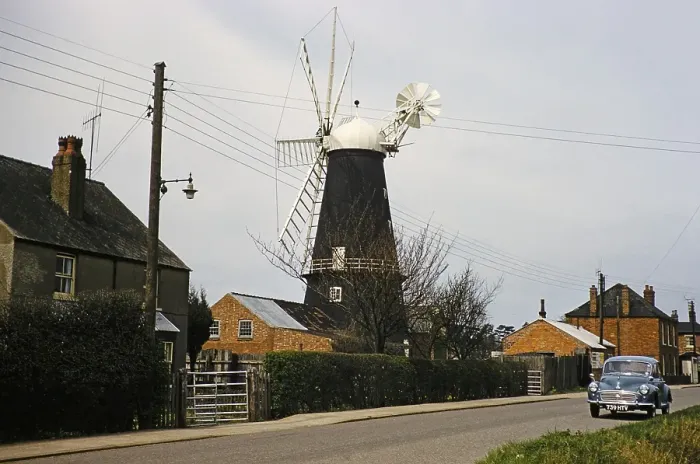 Framed Print : Historic windmill with Morris Minor car, Heckington, Lincolnshire, England, United Kingdom, early 1960s, also known as Pocklington's Mill, Europe