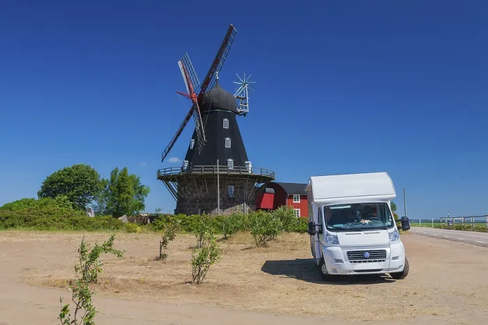 Framed Print : Historic windmill and Motorhome
