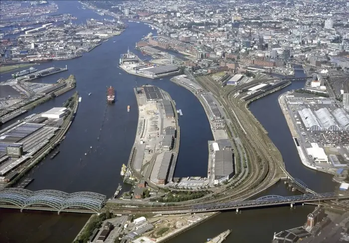 Framed Print : Historical aerial view from the year 2000 of Hamburg's free port which is becoming the Hafencity