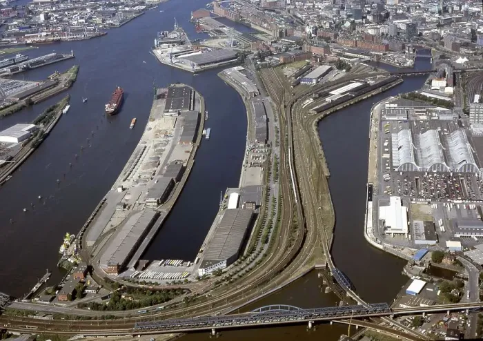 Framed Print : Historical aerial view from the year 2000 of Hamburg's free port which is becoming the Hafencity