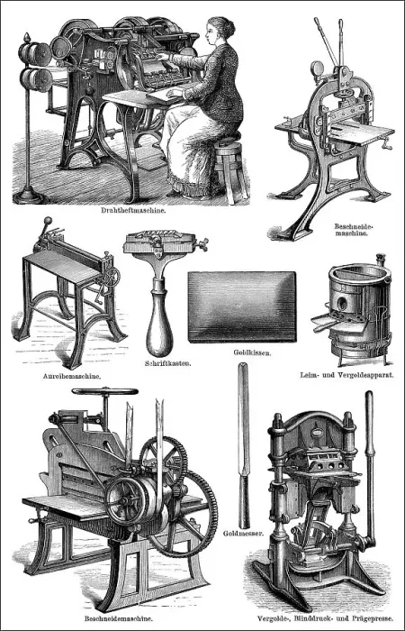 Framed Print : Historical book bindery, 19th century Framed Print : Historical book bindery, 19th century