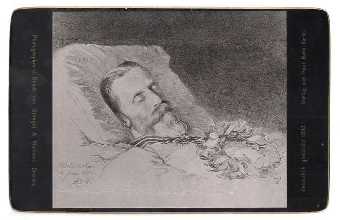 Framed Print : Historical cabinet map depicting Emperor Frederick III on his deathbed